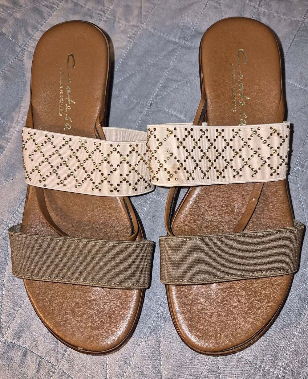 Italian Shoemakers Studded Elastic Wedge Sandals Tan Beige